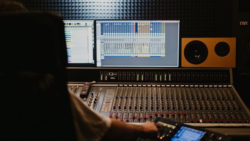 Close-up of a mixing console in a professional recording studio