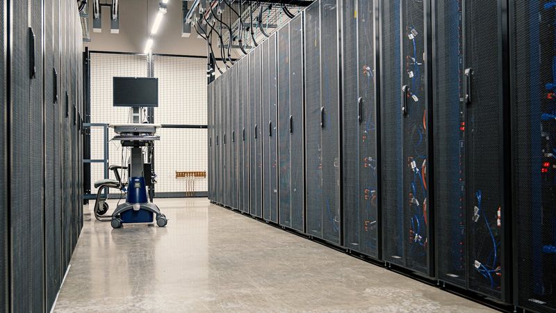 Server racks glowing in a modern data centre corridor