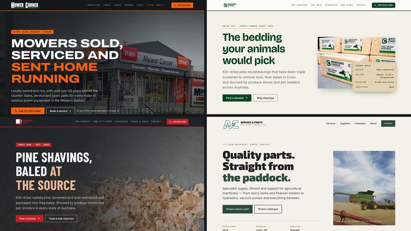 The four rebuilt homepages side by side — Mower Corner's cast-iron and safety-orange shopfront, Breeder's Choice in daylight green, Superior Shavings in industrial iron and red, and AC Service & Parts in bone and forest