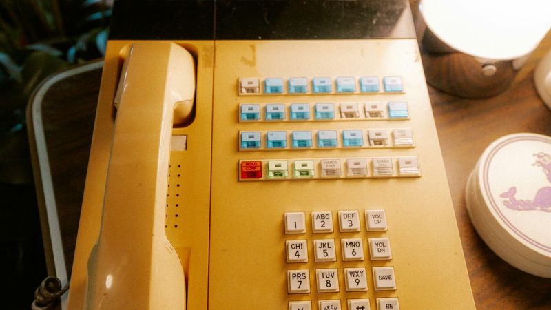 A cream 1980s office desk phone seen from above, its handset on the left, rows of line buttons, HOLD/CONF, SPEED DIAL and HANDS FREE keys, and a numeric keypad