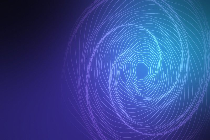 Glowing fingerprint-like ridges in violet and cyan on a dark background