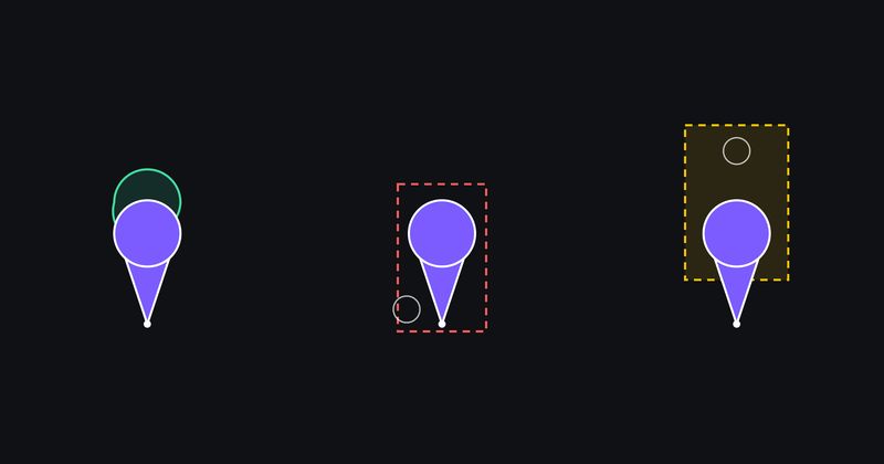 Three map pins side by side — the silhouette the user sees, the rectangular frame MapKit hit-tests, and the offset region Google Maps hit-tests above the bitmap