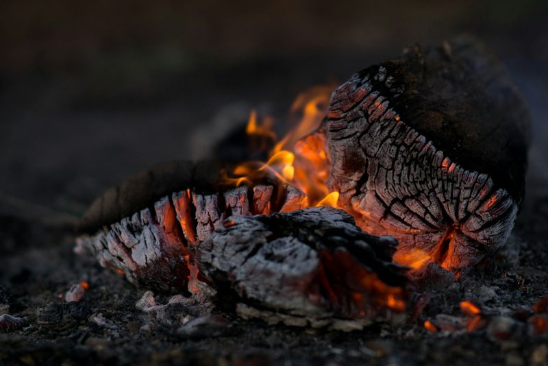 Charred logs breaking into orange coals, glowing from within the cracks against a dark background