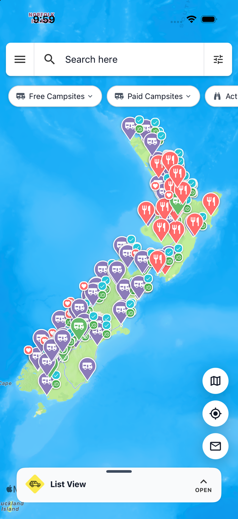 CamperMate's map of the South Island of New Zealand: campsite, food and activity pins across the whole island, with Free and Paid Campsites filters