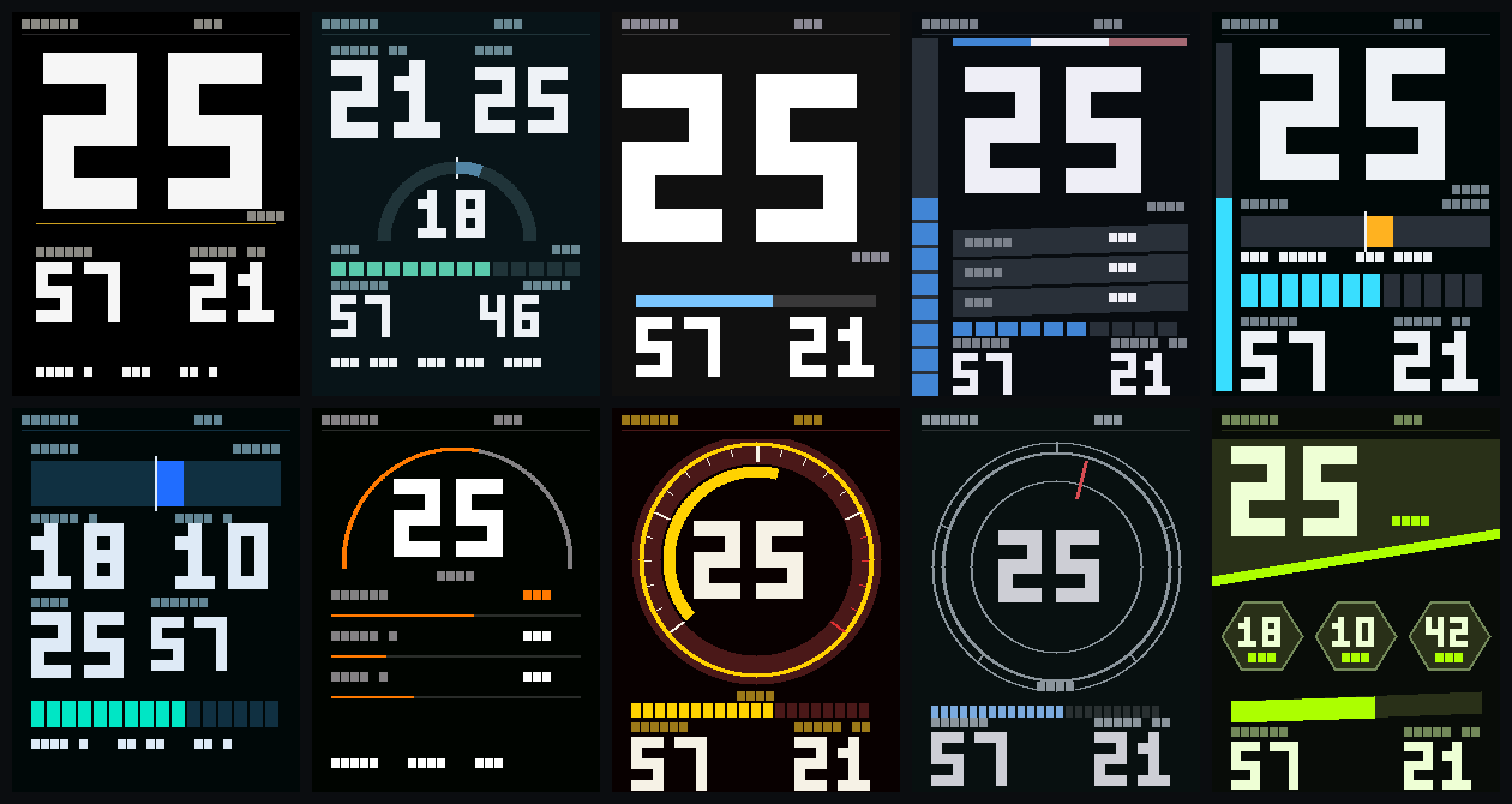Ten dashboards for the DAVEGA X, each a different layout, rendered at true 240x320 device size