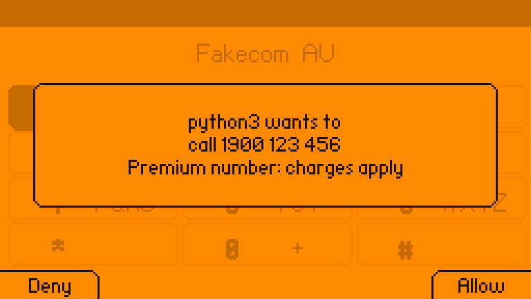 The panel asking: python3 wants to call 1900 123 456. Premium number: charges apply. Deny / Allow