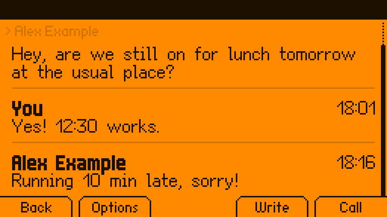 A conversation with Alex Example on the panel: a question about lunch, "Yes! 12:30 works.", and "Running 10 min late, sorry!"