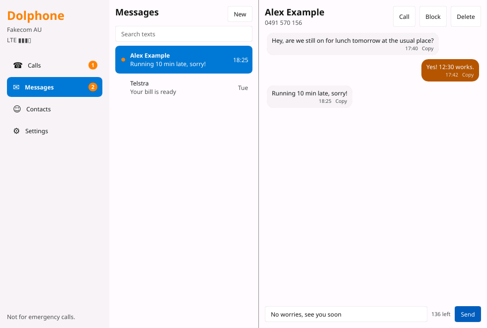 The desktop app: a sidebar with Calls, Messages (2 unread), Contacts and Settings; the conversation with Alex Example in bubbles; a reply being typed