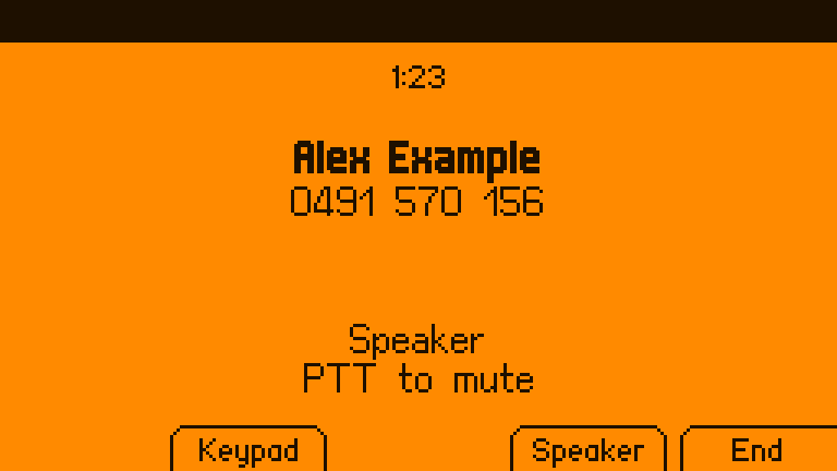A call in progress: 1:23, Alex Example, Speaker, PTT to mute