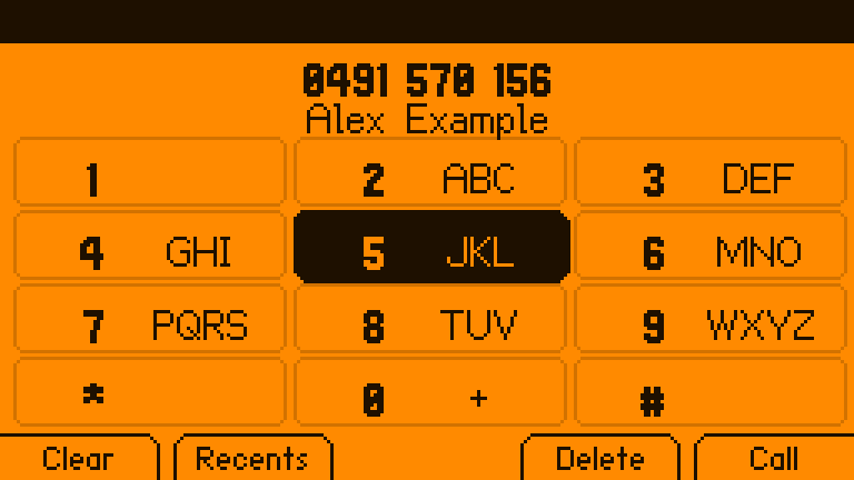 The keypad with 0491 570 156 typed and "Alex Example" matched underneath; the 5 key is highlighted