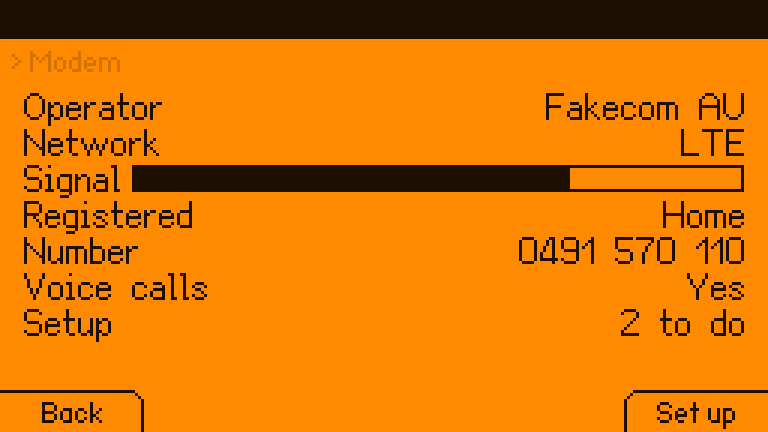 Phone Settings, Modem: Fakecom AU, LTE, signal, registered, the phone's number, voice calls yes, and Setup: 2 to do, with Set up on the Run key