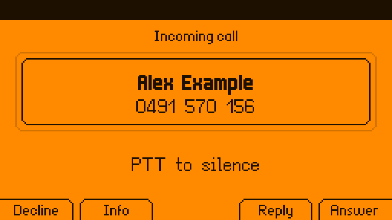 An incoming call from Alex Example on the panel: Decline, Info, Reply and Answer on the soft keys