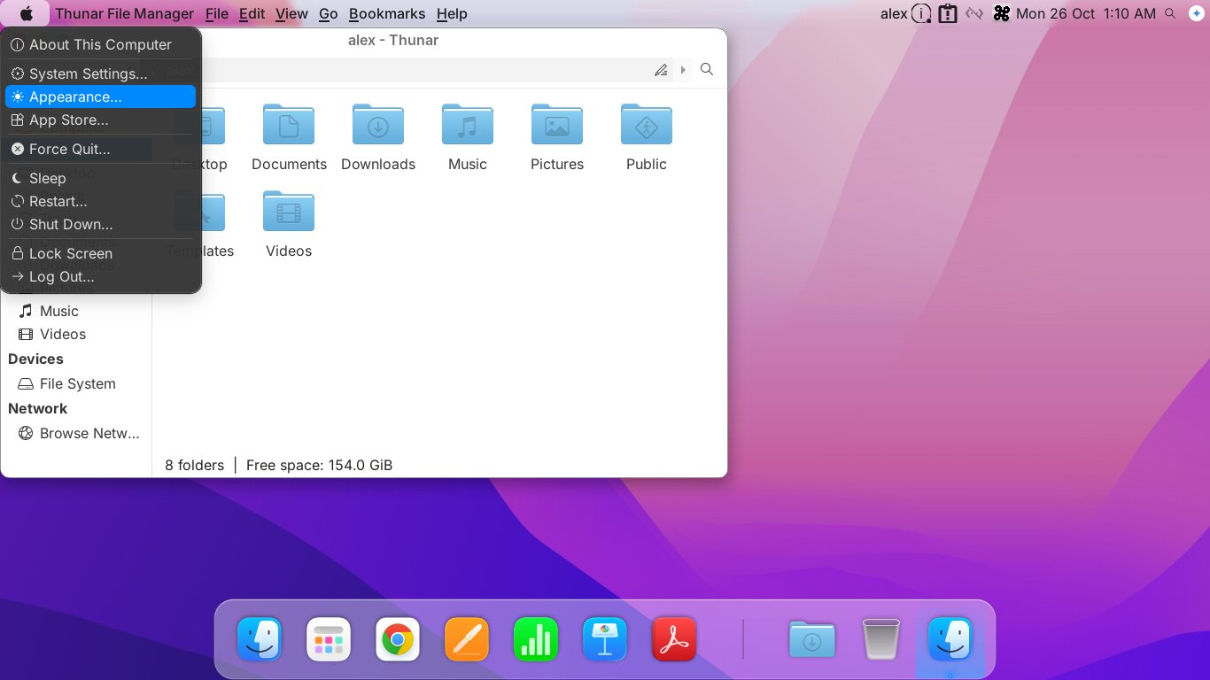 The mintosh desktop in light mode, with the Apple menu open (About This Computer, System Settings, Appearance, App Store, Force Quit, Sleep, Restart, Shut Down, Lock Screen, Log Out), a Finder window with macOS folder icons, and a glass dock over a pink and purple wallpaper.