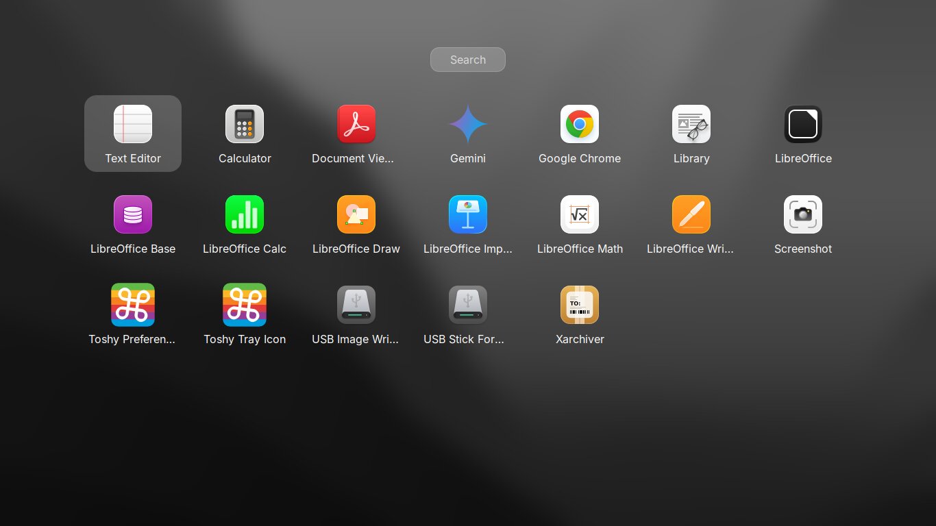 Launchpad in dark mode: a search field at the top and a grid of app icons with their names over a blurred, darkened wallpaper.