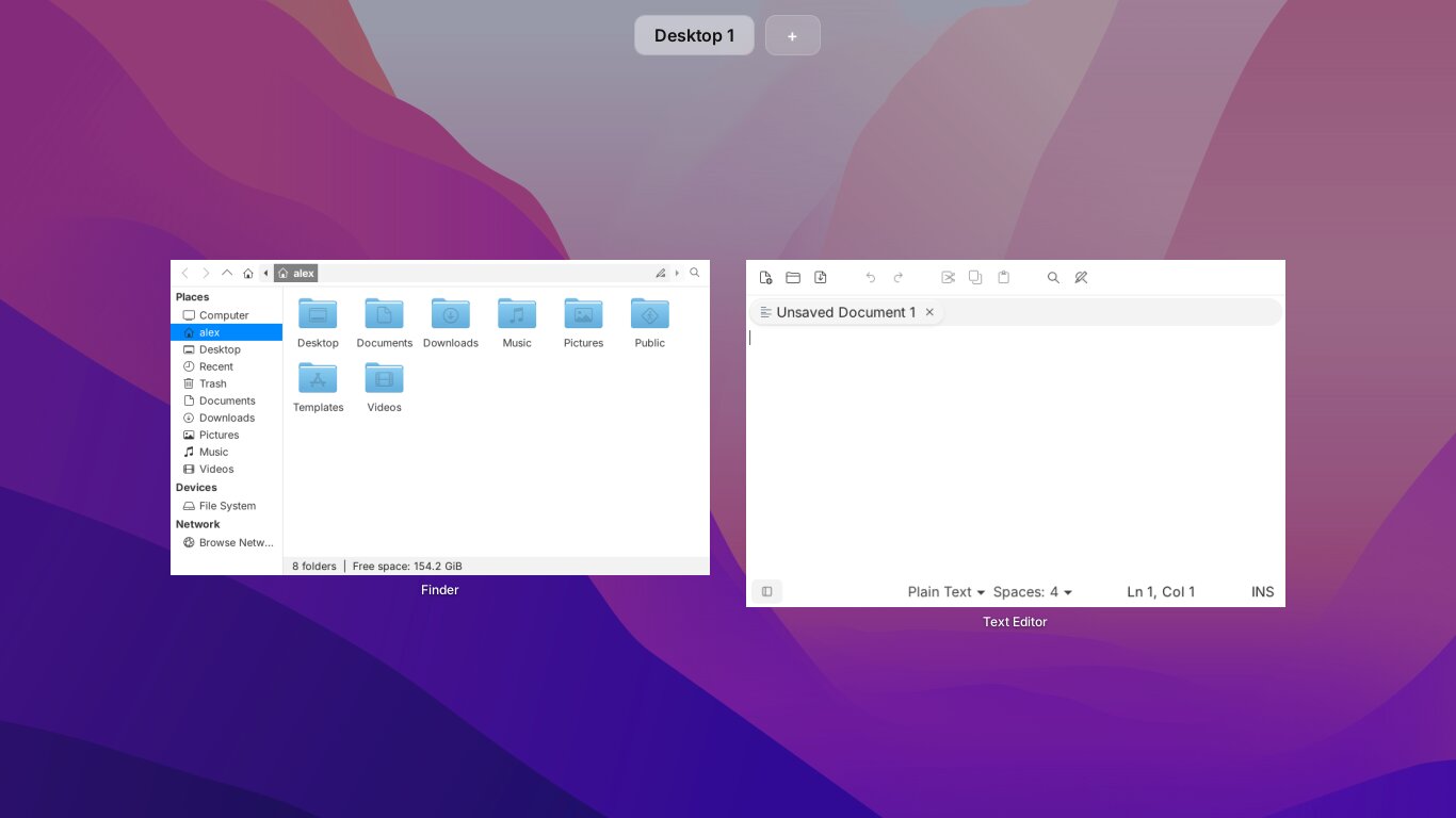 Mission Control: "Desktop 1" and + buttons across the top, and previews of a Finder window and a Text Editor window, each labelled with its app's name.
