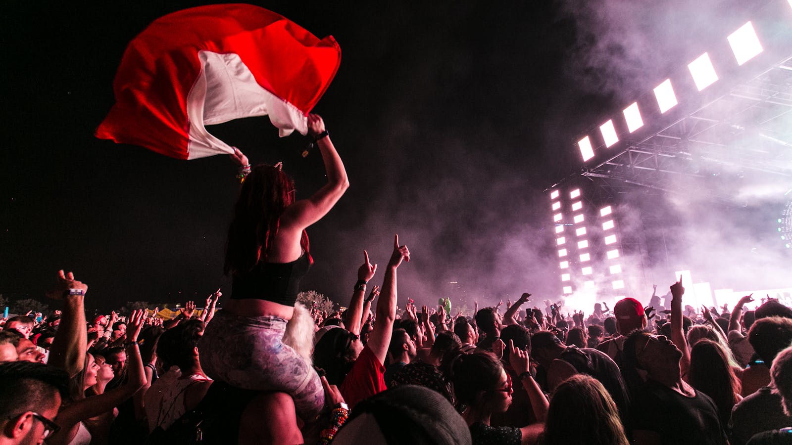Concert crowd illuminated by stage lights, phones held high