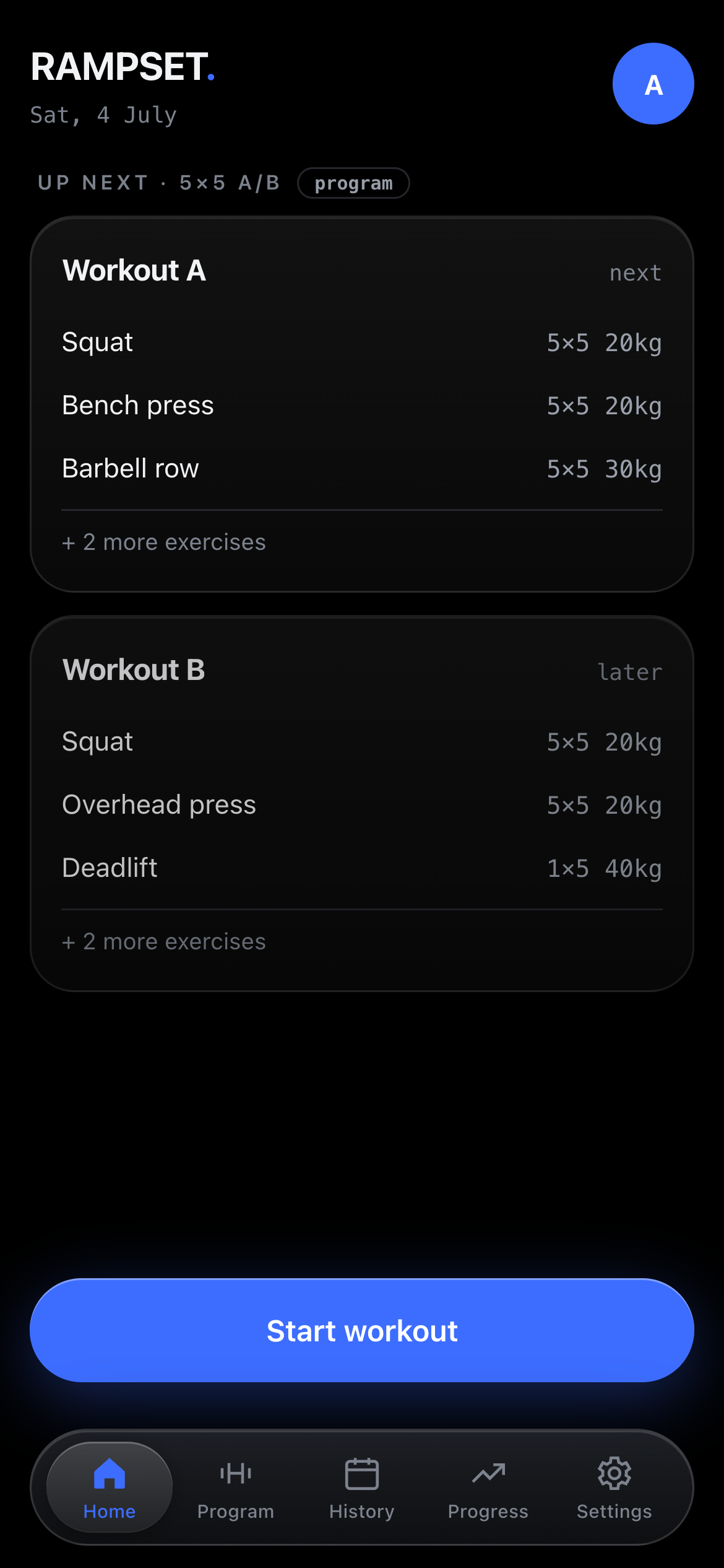 Rampset home screen: dark OLED UI showing the next 5×5 workouts with working weights and a Start workout button