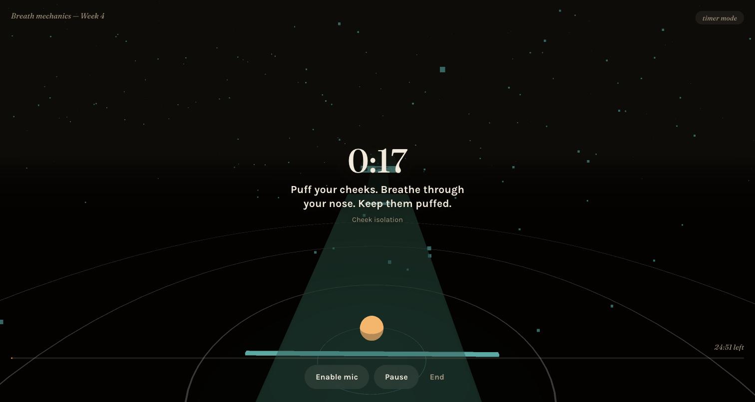 Sustain session screen: a dark night scene with a lane of teal segments receding into the distance, a glowing amber ember at the near end, a 17-second countdown and the cue 'Puff your cheeks. Breathe through your nose. Keep them puffed.'