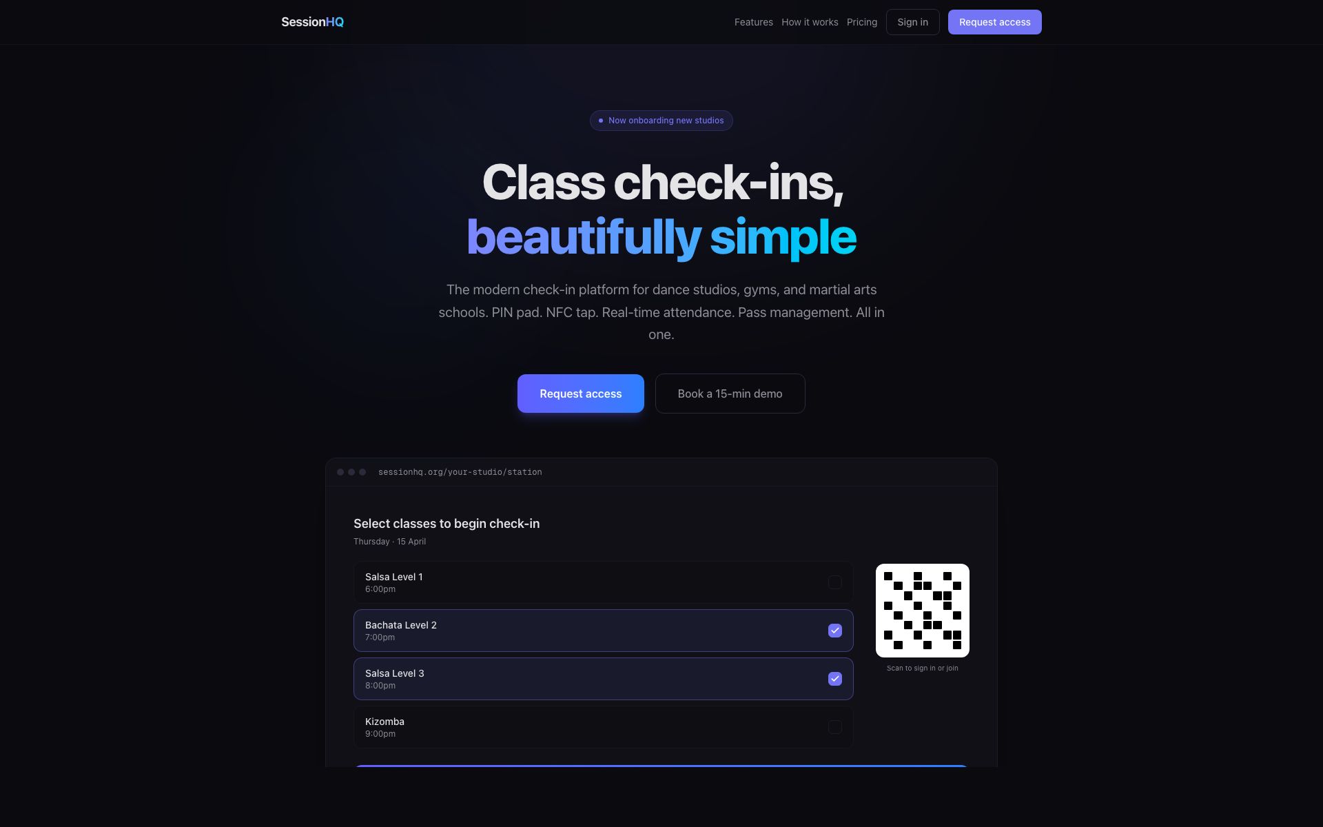 SessionHQ landing page — class check-ins, beautifully simple. Dark UI showing PIN, NFC and QR check-in options.